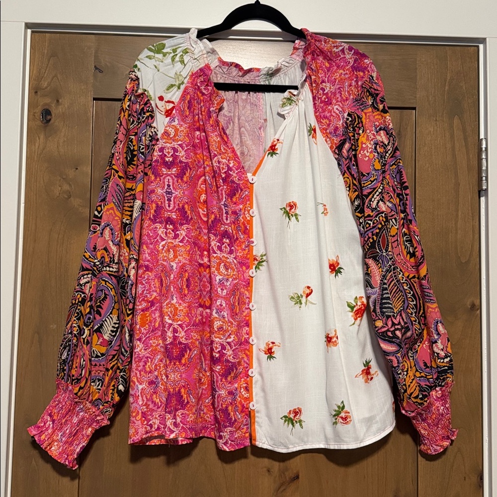 Patchwork peasant Boho button down blouse Womens … - image 1